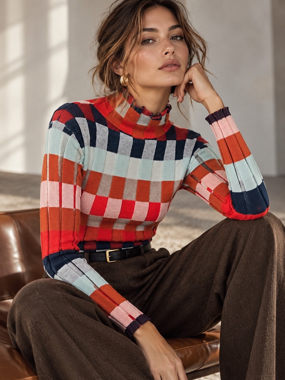 Colorblock Geometric Turtleneck Statement Sweater Women's Fitted Retro Mod